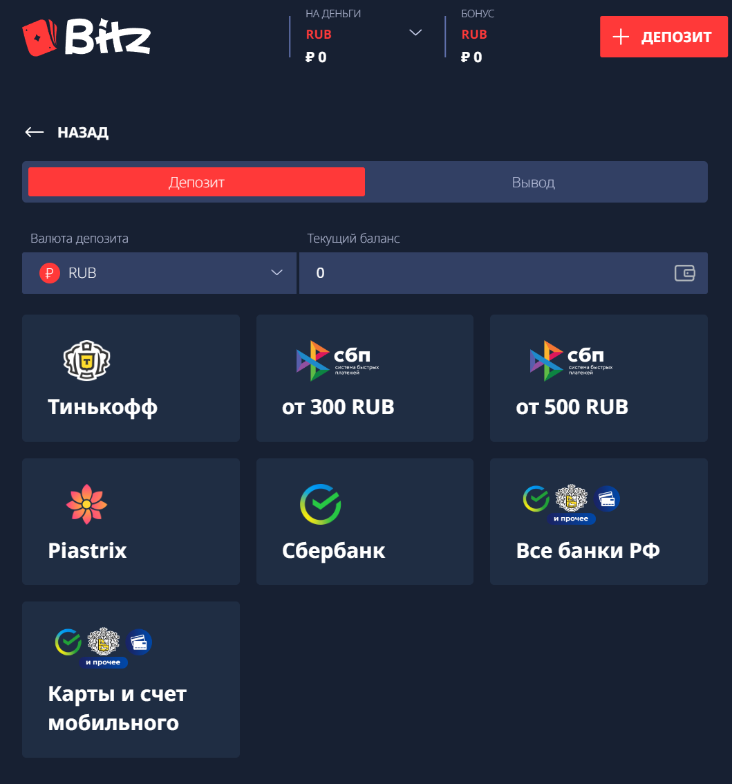 Методы депозита и вывода Bitz казино